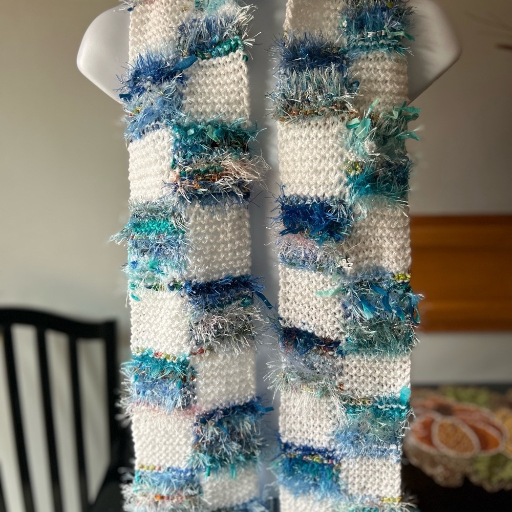 Handcrafted White and Blue Textured Scarf